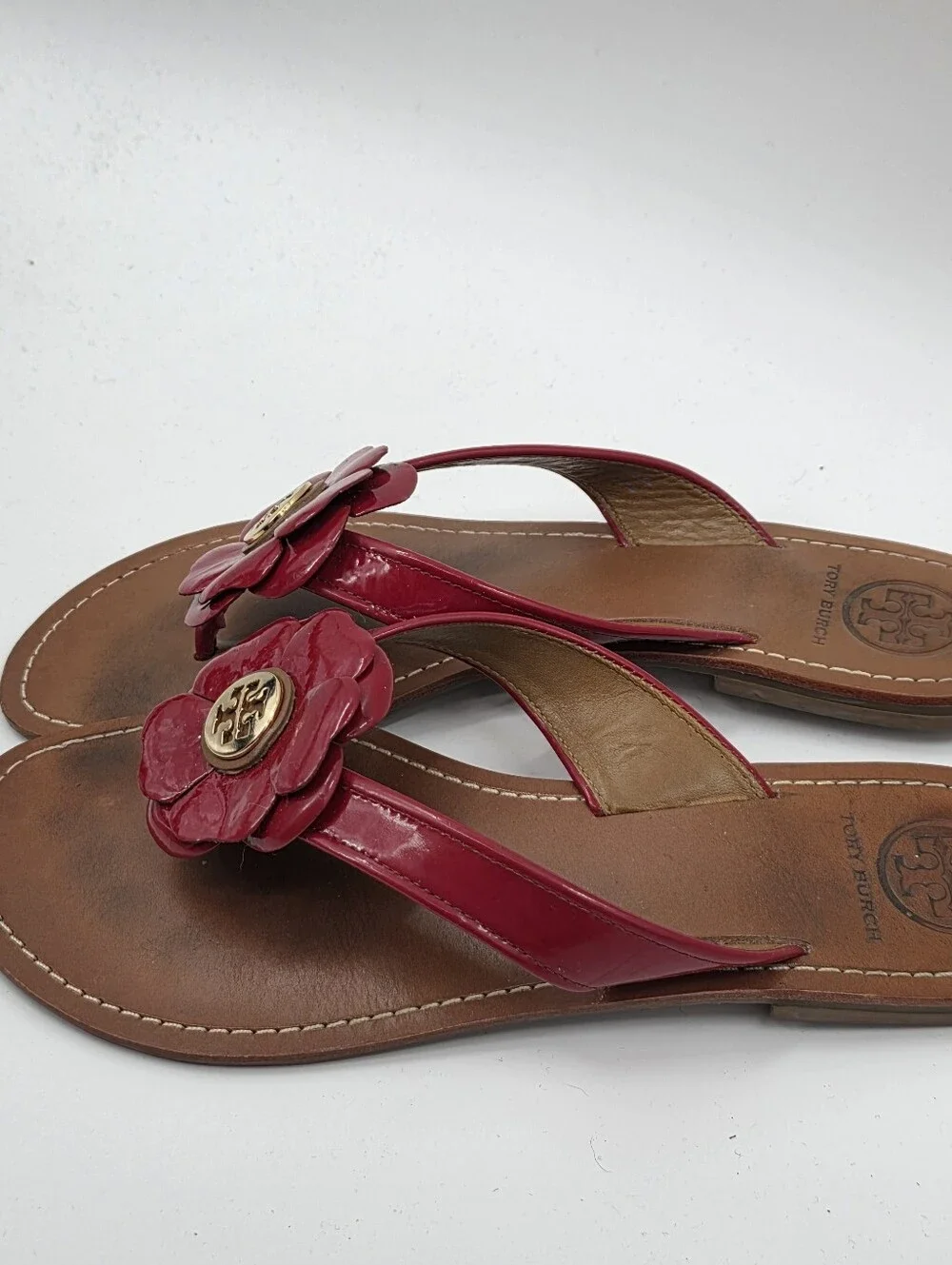 Tory Burch Red Patent Leather Flower Thong Sandals